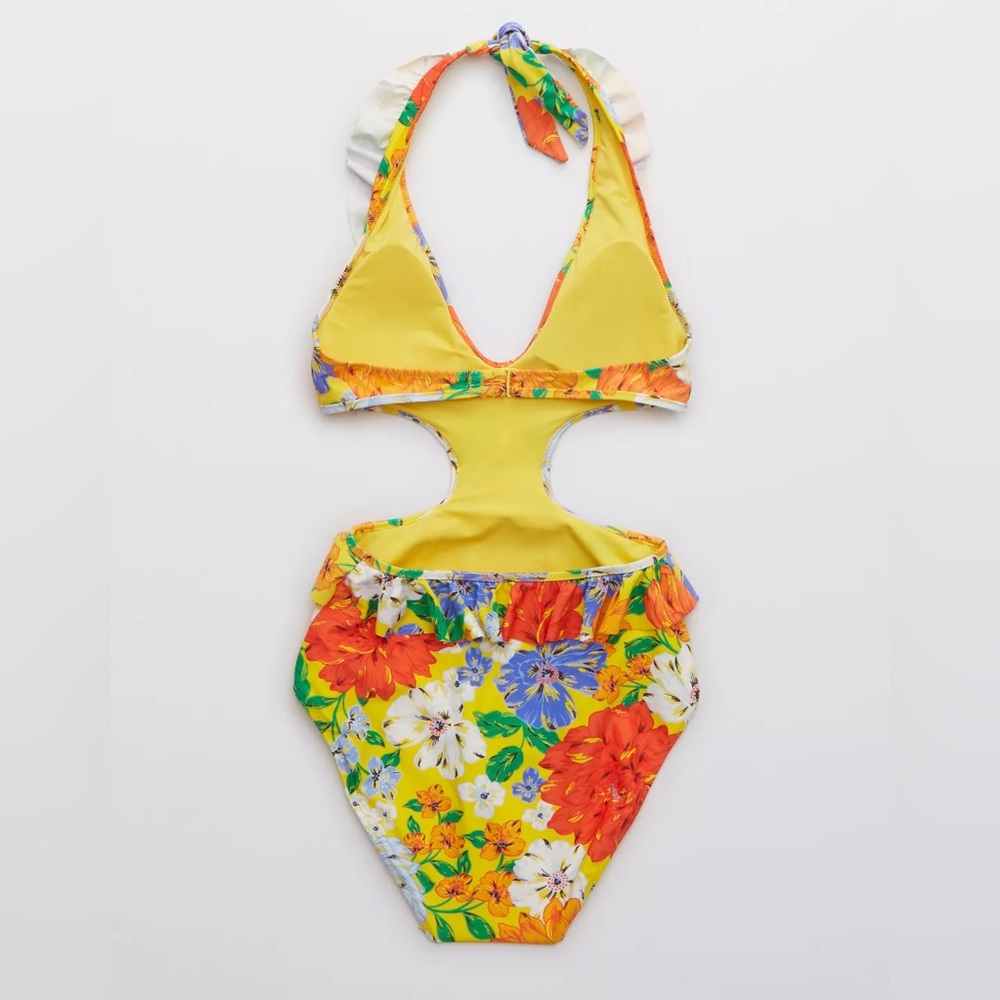 NWT Aerie Floral Ruffle Halter Cut Out One Piece Swimsuit - Picture 6 of 7